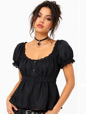 Black Peasant Blouse Puff Sleeve Lace Trim Babydoll Coquette Goth Top Medium